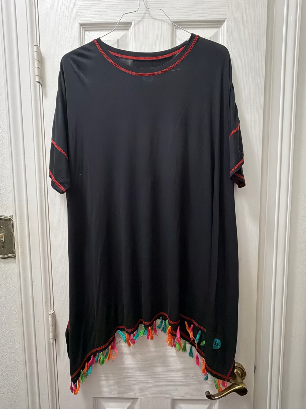 Double D Ranch Black Top with Red Stitching and Teal Logo